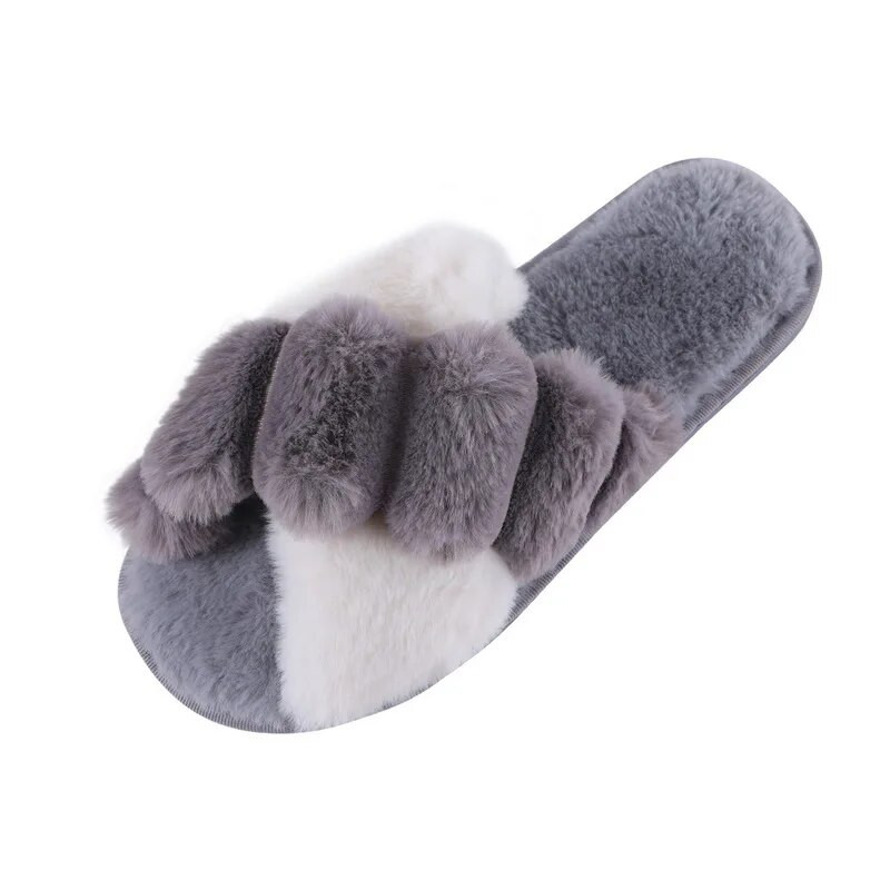 Siltas, pūkainas čības sievietēm mākslīgās kažokādas šķērsām iekštelpu grīdai, plakani, mīksti, pūkaini apavi sievietēm, neslīdoši mājas apavi vairumtirdzniecība