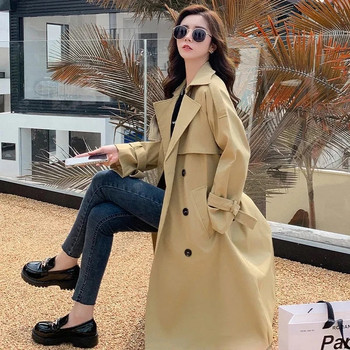 Διπλό στήθος Khaki μακριά καμπαρντίνα Vintage Classic Slim Windbreaker Casaco Women Casual Gabardina Chaquetas Korean Abrigos