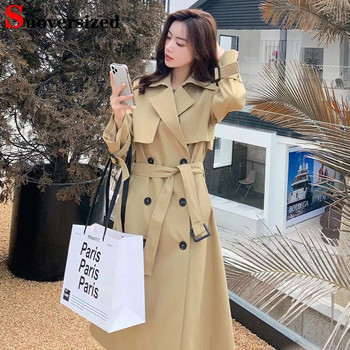 Διπλό στήθος Khaki μακριά καμπαρντίνα Vintage Classic Slim Windbreaker Casaco Women Casual Gabardina Chaquetas Korean Abrigos