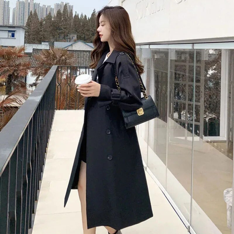 Διπλό στήθος Khaki μακριά καμπαρντίνα Vintage Classic Slim Windbreaker Casaco Women Casual Gabardina Chaquetas Korean Abrigos