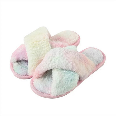 Ζεστές αφράτες παντόφλες Γυναικείες βελούδινες παντόφλες Άνετες παντόφλες δαπέδου από ψεύτικη γούνα σταυρός Επίπεδες μαλακές γούνινες γυναικείες γυναικείες