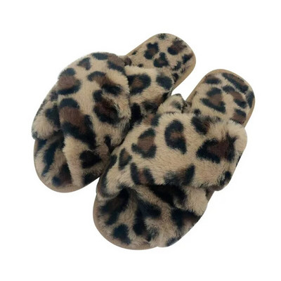 Ζεστές αφράτες παντόφλες Γυναικείες βελούδινες παντόφλες Άνετες παντόφλες δαπέδου από ψεύτικη γούνα σταυρός Επίπεδες μαλακές γούνινες γυναικείες γυναικείες