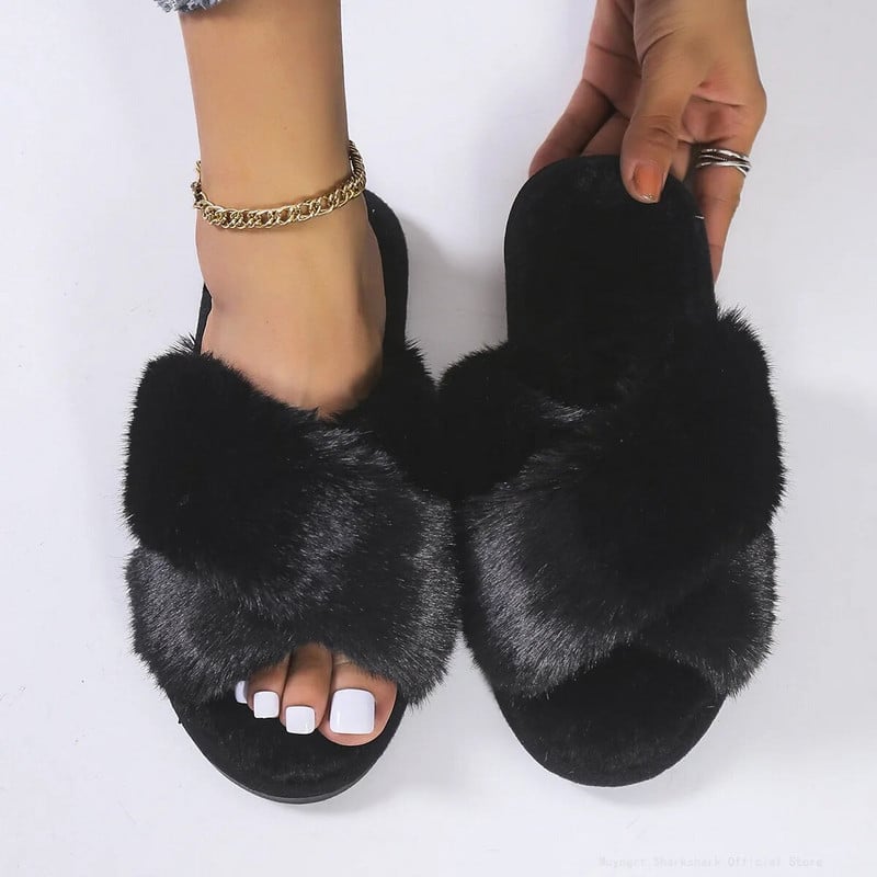 2023. aasta talvine naiste kodu, siseruumides, vabaaja sussid, naiste plätud kohevad jalatsid Ristslaidid Naiste pehmed plüüskarvased sussid