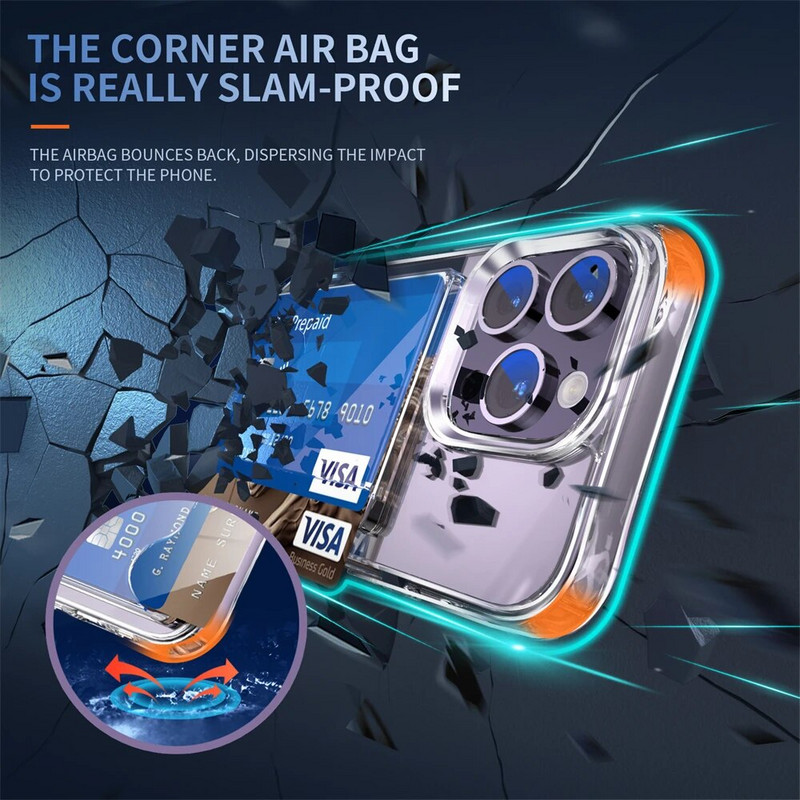 Četru stūru pretkrītošs karšu slota maisiņš caurspīdīgs tālruņa korpuss iPhone 13 12 11 14 ProMax XR X XS 7 8 15 Plus HD akrila vāciņš