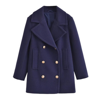 PB&ZA 2023 Φθινόπωρο/Χειμώνας Νέο γυναικείο μεταλλικό παλτό με μακρυμάνικο γιακά πόλο με διπλό στήθος, απαλό μάλλινο παλτό