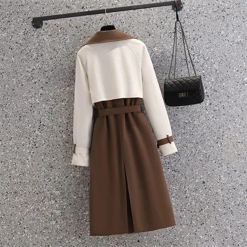 2023 m. rudens korėjietiškas vidutinio ilgio moteriškas madingas kontrastas spalvų kratinys, pavasarinis vėjo paltas, moteriškas vėjui atsparus švarkas