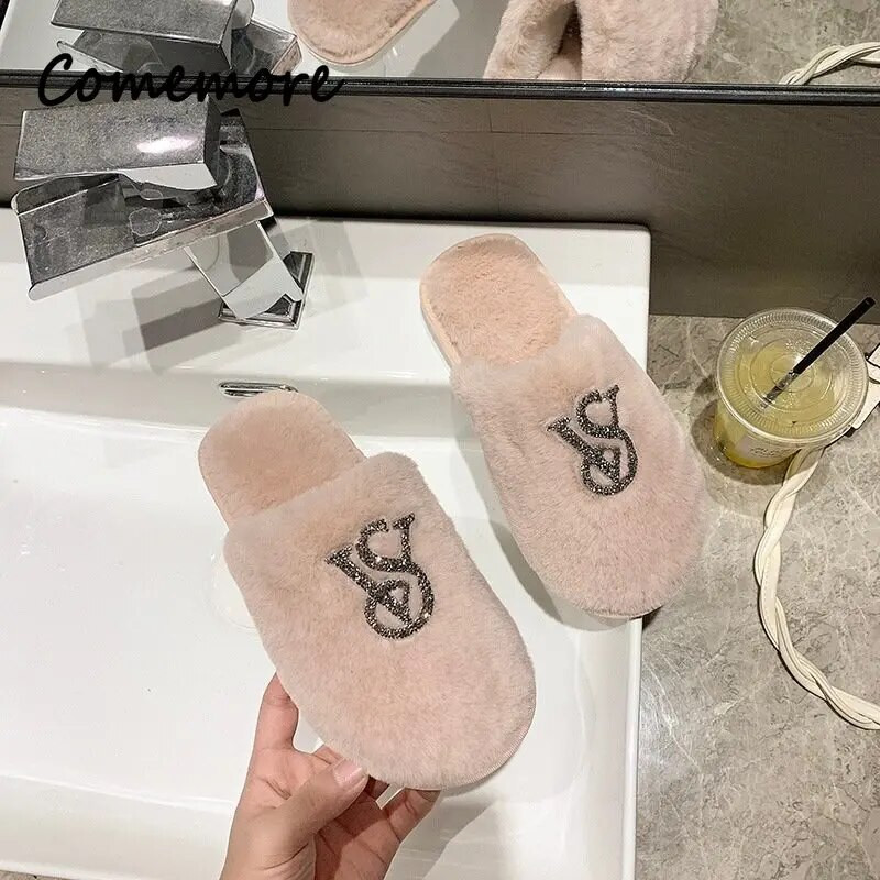 Női Szőrös Pamut papucs Női Ősz Tél Meleg Plüss Papucs Otthon Strasszos Ház Divat Női Csúszdák Cipők