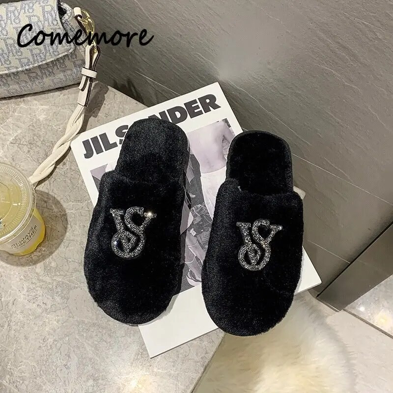 Női Szőrös Pamut papucs Női Ősz Tél Meleg Plüss Papucs Otthon Strasszos Ház Divat Női Csúszdák Cipők