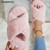 Χειμερινές χνουδωτές παντόφλες Γυναικεία μόδα σταυρωτά γούνινα παντόφλες Home Slides Platform Επίπεδες σαγιονάρες εσωτερικού δαπέδου Γυναικεία γυναικεία παπούτσια 2023
