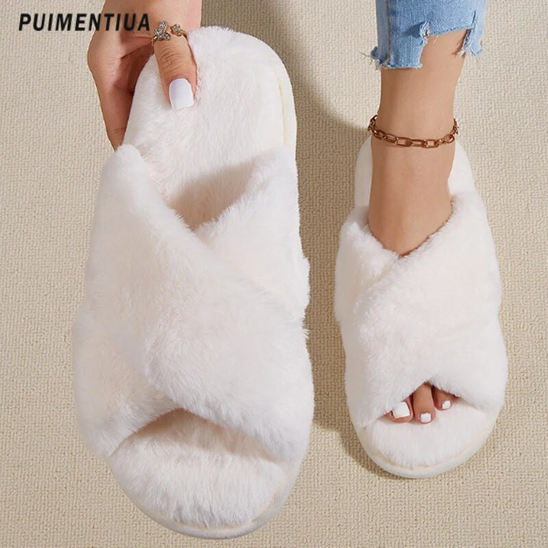 Χειμερινές χνουδωτές παντόφλες Γυναικεία μόδα σταυρωτά γούνινα παντόφλες Home Slides Platform Επίπεδες σαγιονάρες εσωτερικού δαπέδου Γυναικεία γυναικεία παπούτσια 2023