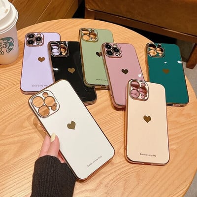 Soft Love Heart Electroplated Case за iPhone 11 12 13 14 15 Pro Max XS Max X XR 7 8 Plus SE 2020 Mini противоударен силиконов капак