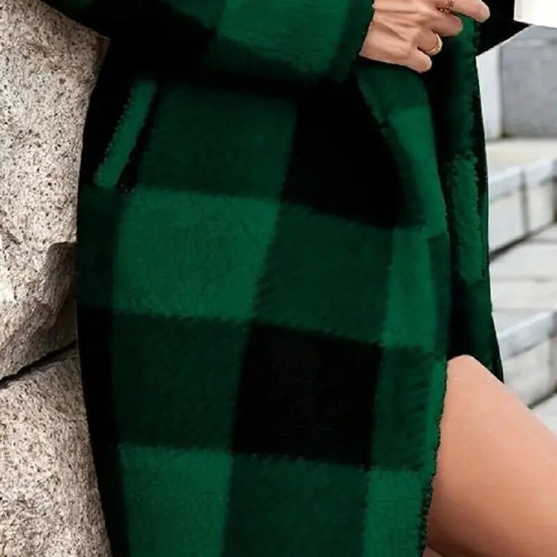 Plaidu raksts Teddy mētelis Eleganta atvērta priekšpuse ar garām piedurknēm silti virsdrēbes rudens ziemas sieviešu apģērbi