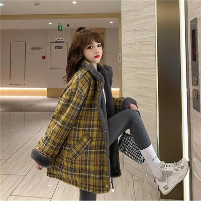 Parkas Sievietēm Ziemas biezāka karstā izpārdošana Retro modes rūtaini, brīvi virsdrēbes koledžas saldie, nolaižamie apkakles gadījuma, eleganti vintage iekšpuses