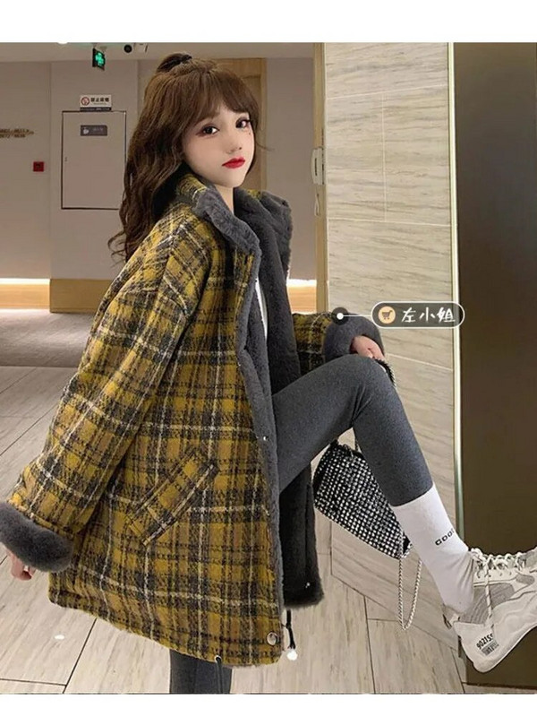 Parkas Sievietēm Ziemas biezāka karstā izpārdošana Retro modes rūtaini, brīvi virsdrēbes koledžas saldie, nolaižamie apkakles gadījuma, eleganti vintage iekšpuses