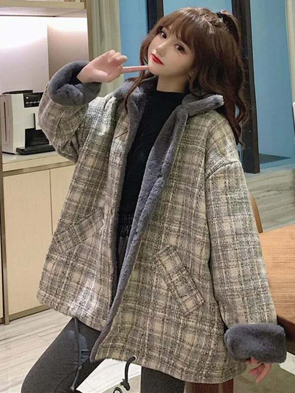 Parkas Sievietēm Ziemas biezāka karstā izpārdošana Retro modes rūtaini, brīvi virsdrēbes koledžas saldie, nolaižamie apkakles gadījuma, eleganti vintage iekšpuses
