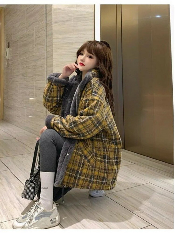 Parkas Sievietēm Ziemas biezāka karstā izpārdošana Retro modes rūtaini, brīvi virsdrēbes koledžas saldie, nolaižamie apkakles gadījuma, eleganti vintage iekšpuses