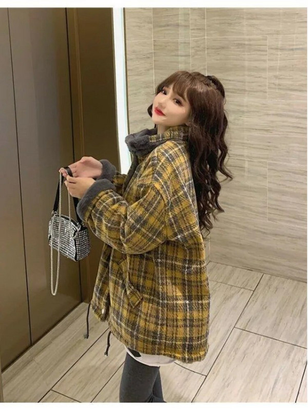 Parkas Sievietēm Ziemas biezāka karstā izpārdošana Retro modes rūtaini, brīvi virsdrēbes koledžas saldie, nolaižamie apkakles gadījuma, eleganti vintage iekšpuses