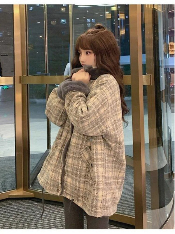 Parkas Sievietēm Ziemas biezāka karstā izpārdošana Retro modes rūtaini, brīvi virsdrēbes koledžas saldie, nolaižamie apkakles gadījuma, eleganti vintage iekšpuses