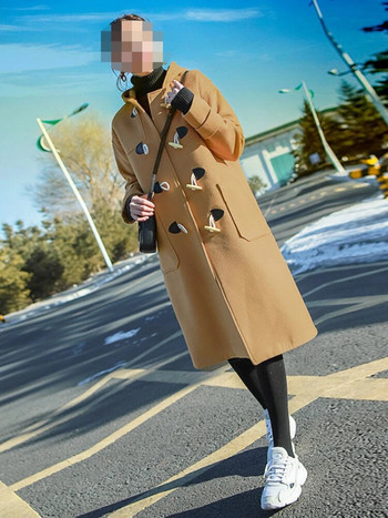 Μάλλινο παλτό με κουμπιά Ox Horn (γυναικείο μεσαίο και μακρύ) Φθινοπωρινό και χειμώνα Φοιτητικά μάλλινο παλτό με κουκούλα Γυναικεία χειμερινά ρούχα 2023