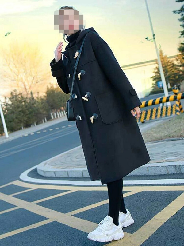 Vērša raga pogas vilnas mētelis (sieviešu vidējais un garais) rudens un ziemas studentu vilnas mētelis ar kapuci Sieviešu ziemas apģērbs 2023