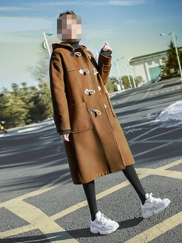 Vērša raga pogas vilnas mētelis (sieviešu vidējais un garais) rudens un ziemas studentu vilnas mētelis ar kapuci Sieviešu ziemas apģērbs 2023