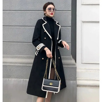 Fehér gyapjú kabát női középhosszú őszi/téli kabát Brit Hepburn Thicken Slim fekete duplasoros kabát trench kabát