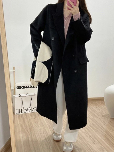 Ziemas garš vilnas mētelis Sieviešu bieza silta vilnas jaka Sieviešu korejiešu modes brīvs virsdrēbes Sieviešu ikdienas mēteļi ar garām piedurknēm