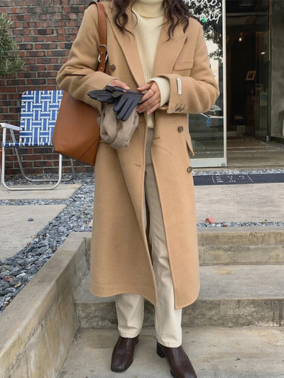 Ziemas garš vilnas mētelis Sieviešu bieza silta vilnas jaka Sieviešu korejiešu modes brīvs virsdrēbes Sieviešu ikdienas mēteļi ar garām piedurknēm