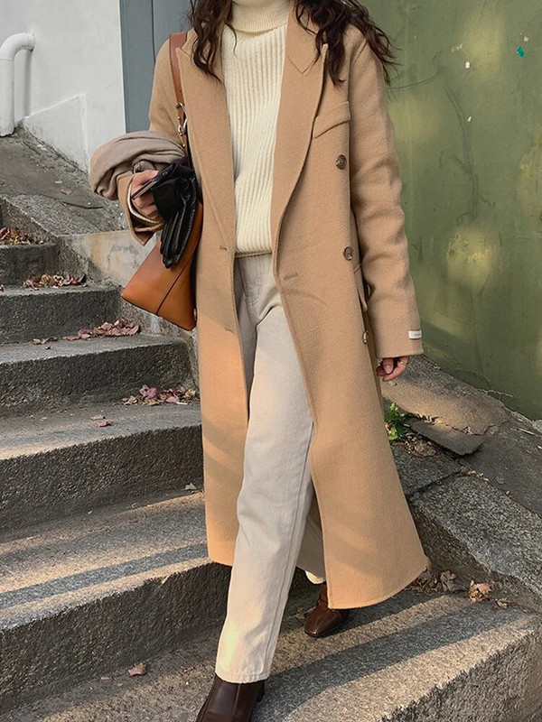 Ziemas garš vilnas mētelis Sieviešu bieza silta vilnas jaka Sieviešu korejiešu modes brīvs virsdrēbes Sieviešu ikdienas mēteļi ar garām piedurknēm