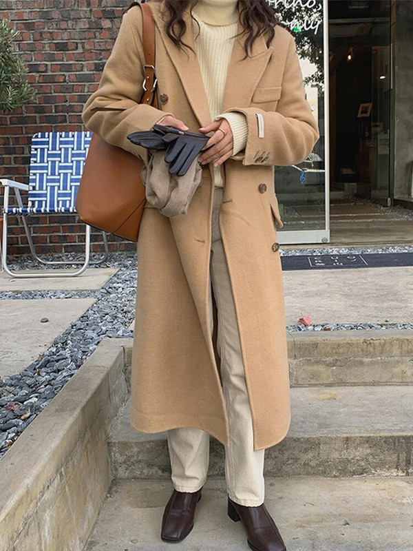 Ziemas garš vilnas mētelis Sieviešu bieza silta vilnas jaka Sieviešu korejiešu modes brīvs virsdrēbes Sieviešu ikdienas mēteļi ar garām piedurknēm