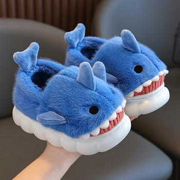 Зимни памучни чехли с обвивка на тока Детски сладки анимационни акула Нехлъзгаща се мека подметка Детски момчета Момичета Юноши Топли плюшени домашни обувки