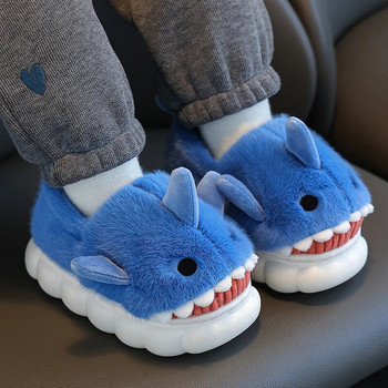 Зимни памучни чехли с обвивка на тока Детски сладки анимационни акула Нехлъзгаща се мека подметка Детски момчета Момичета Юноши Топли плюшени домашни обувки