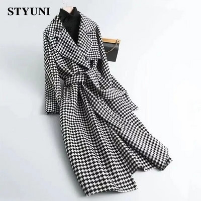 Houndstooth καρό Vintage μακρυμάνικο κορδόνι με ζώνη Γυναικείο σακάκι εξωτερικό παλτό Κορεατικά μόδα μπουφάν για γυναίκες χειμωνιάτικο