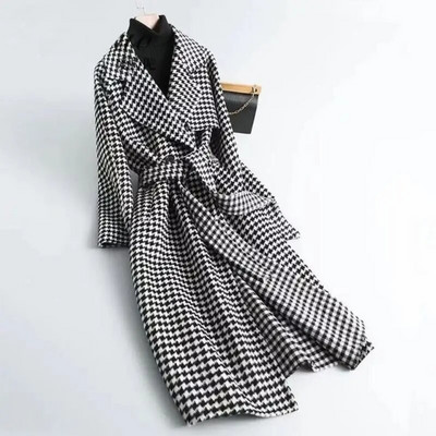 Houndstooth Plaid Vintage garās piedurknes mežģīnes ar jostu sieviešu jaka virsjaka Korejas modes jakas mētelis sievietēm ziema