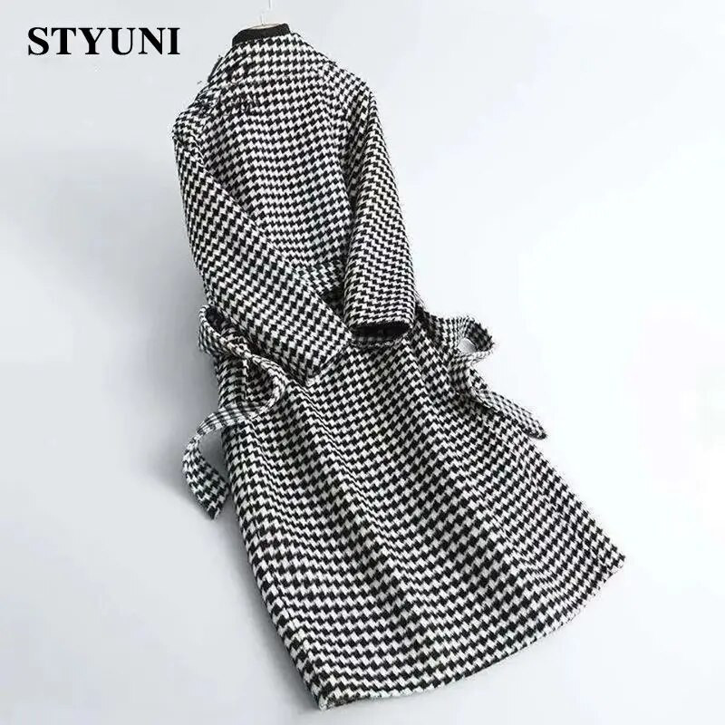 Houndstooth Plaid Vintage garās piedurknes mežģīnes ar jostu sieviešu jaka virsjaka Korejas modes jakas mētelis sievietēm ziema
