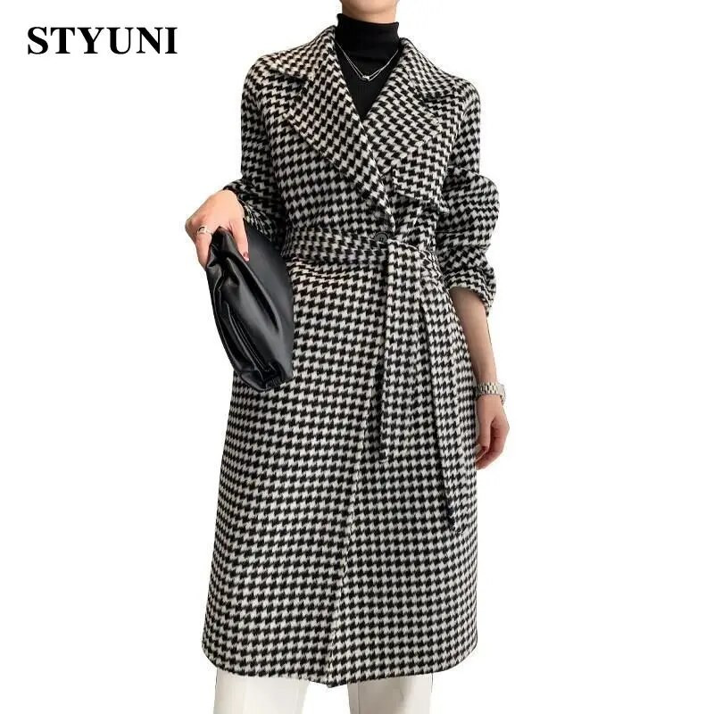 Houndstooth Plaid Vintage garās piedurknes mežģīnes ar jostu sieviešu jaka virsjaka Korejas modes jakas mētelis sievietēm ziema