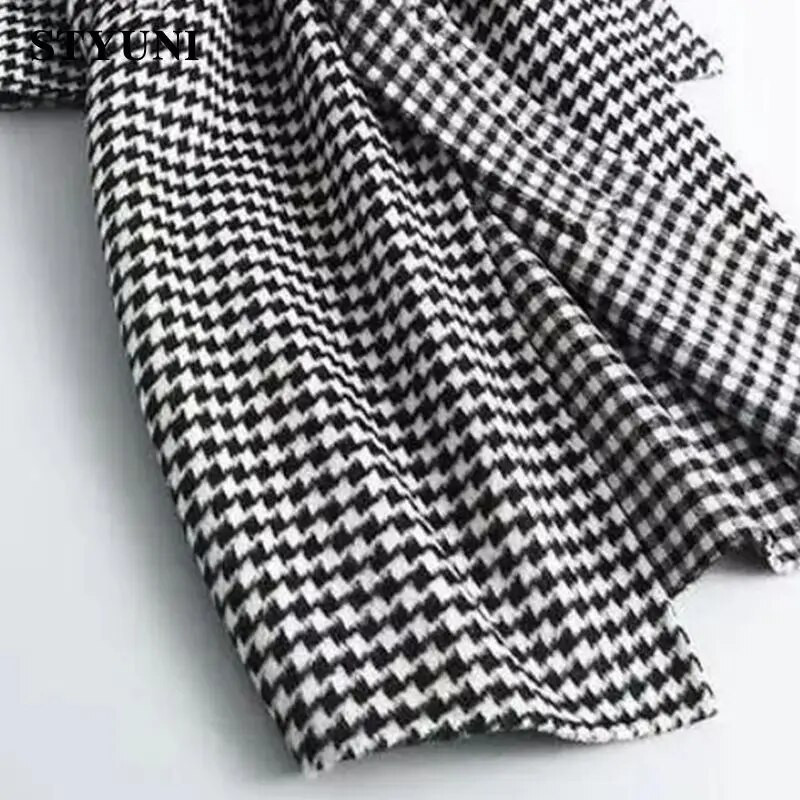 Houndstooth Plaid Vintage garās piedurknes mežģīnes ar jostu sieviešu jaka virsjaka Korejas modes jakas mētelis sievietēm ziema