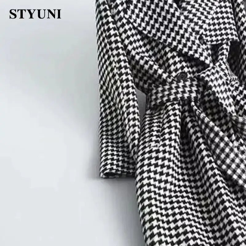 Houndstooth Plaid Vintage garās piedurknes mežģīnes ar jostu sieviešu jaka virsjaka Korejas modes jakas mētelis sievietēm ziema