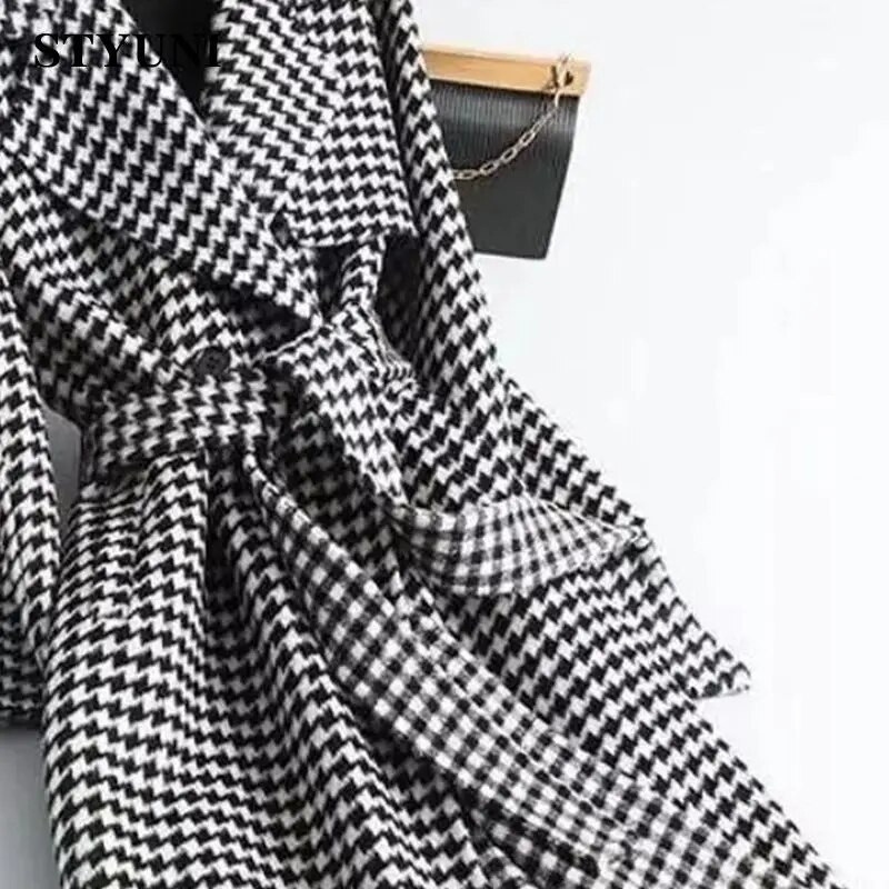 Houndstooth Plaid Vintage garās piedurknes mežģīnes ar jostu sieviešu jaka virsjaka Korejas modes jakas mētelis sievietēm ziema