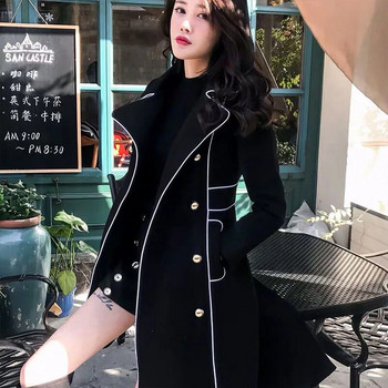 （Furong Clothing) Палто тип ветровка за жени през есента и зимата на 2023 г., ново черно палто, средна дължина в британския стил на Хепбърн, wai