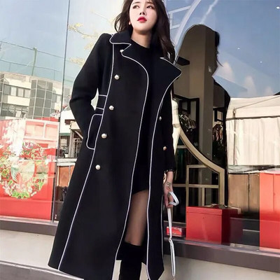 (Furong Clothing) Vējjaka sievietēm 2023. gada rudenī un ziemā, jauns melns mētelis, vidēja garuma britu Hepburn stilā, wai