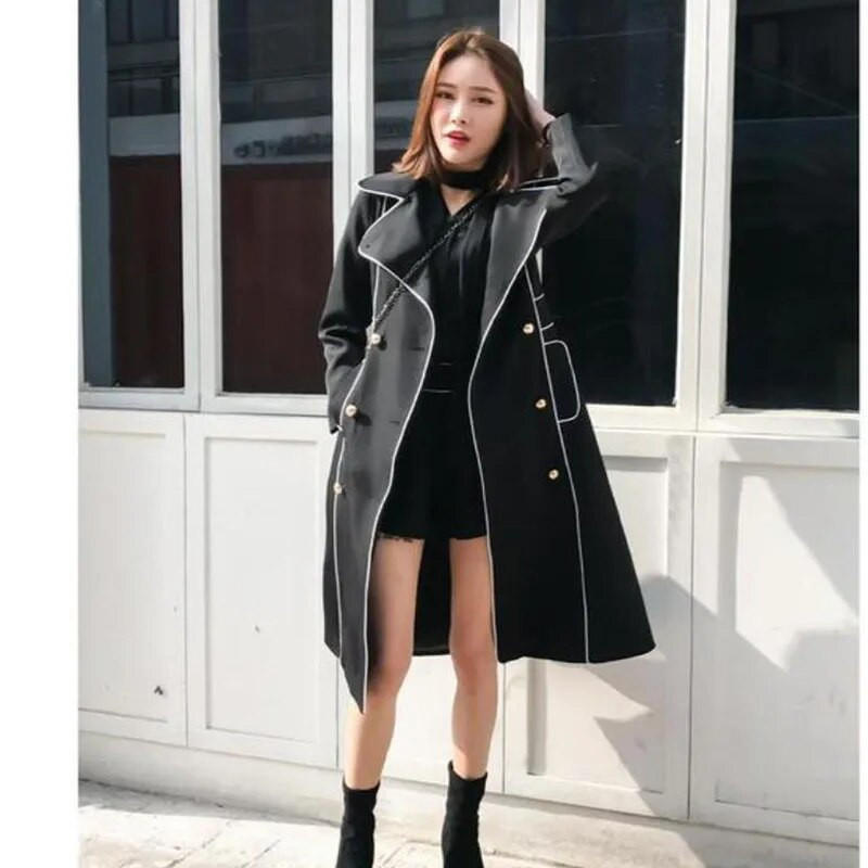 (Furong Clothing) Vējjaka sievietēm 2023. gada rudenī un ziemā, jauns melns mētelis, vidēja garuma britu Hepburn stilā, wai