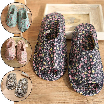 25cm Vintage Floral Home Shoes Slippers Women Cotton Fabric House Slipper Sewing Comfy Flat Shoes Indoor Soft Travel