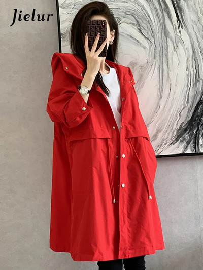 Jielur koreai stílusú laza húzózsinór női árok, egyszínű kapucnis elegáns gombok vékony derekú női felvonó télikabát