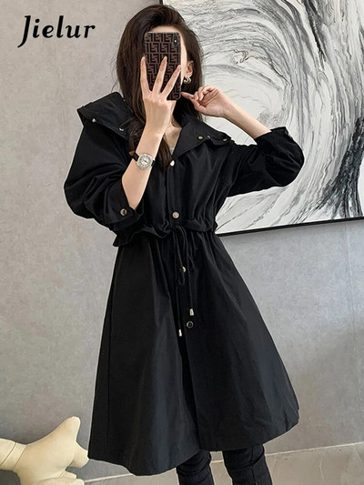 Jielur koreai stílusú laza húzózsinór női árok, egyszínű kapucnis elegáns gombok vékony derekú női felvonó télikabát