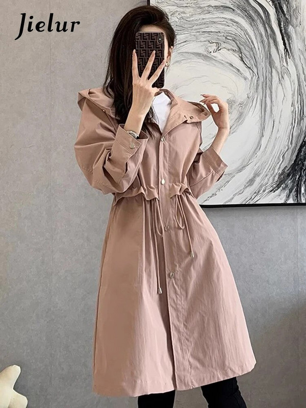 Jielur koreai stílusú laza húzózsinór női árok, egyszínű kapucnis elegáns gombok vékony derekú női felvonó télikabát