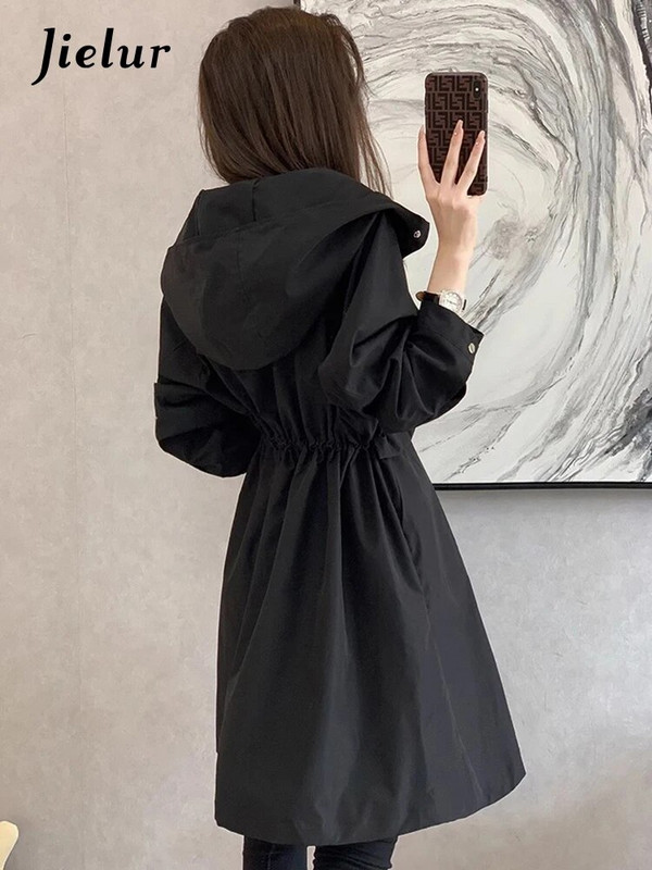 Jielur koreai stílusú laza húzózsinór női árok, egyszínű kapucnis elegáns gombok vékony derekú női felvonó télikabát