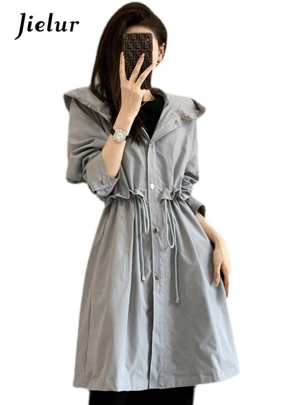Jielur koreai stílusú laza húzózsinór női árok, egyszínű kapucnis elegáns gombok vékony derekú női felvonó télikabát