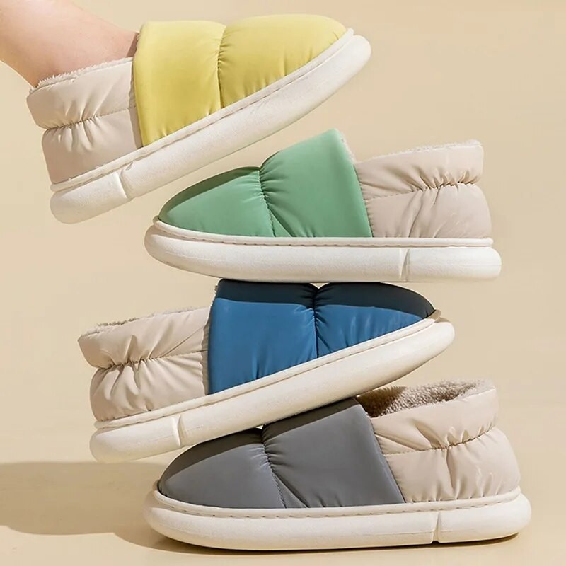 Karsti ziemas zābaki vīriešiem dūnu ūdensnecaurlaidīgi plīša čības Mājas unisex biezas platformas apavi Sieviešu pāri silti kokvilnas zābaki čības