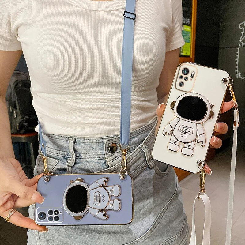 Astronaut Crossbody Lanyard tālruņa turētāja futrālis Xiaomi Redmi Note 11 Pro 12 8 8t 10 9 Pro Max 7 Redmi 9 9A 9T 9C statīva vāciņš